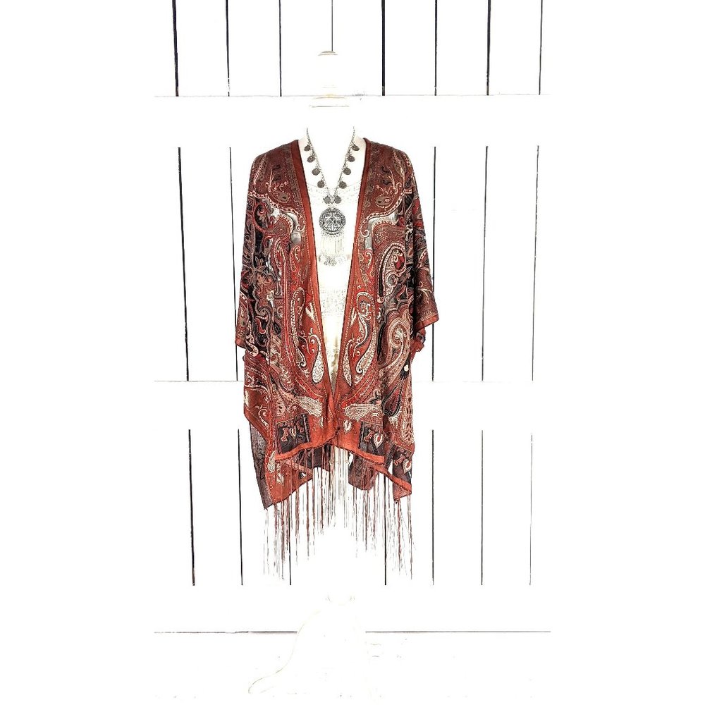 Brown paisley sheer stretch jersey burnout kimono cardigan jacket cover up